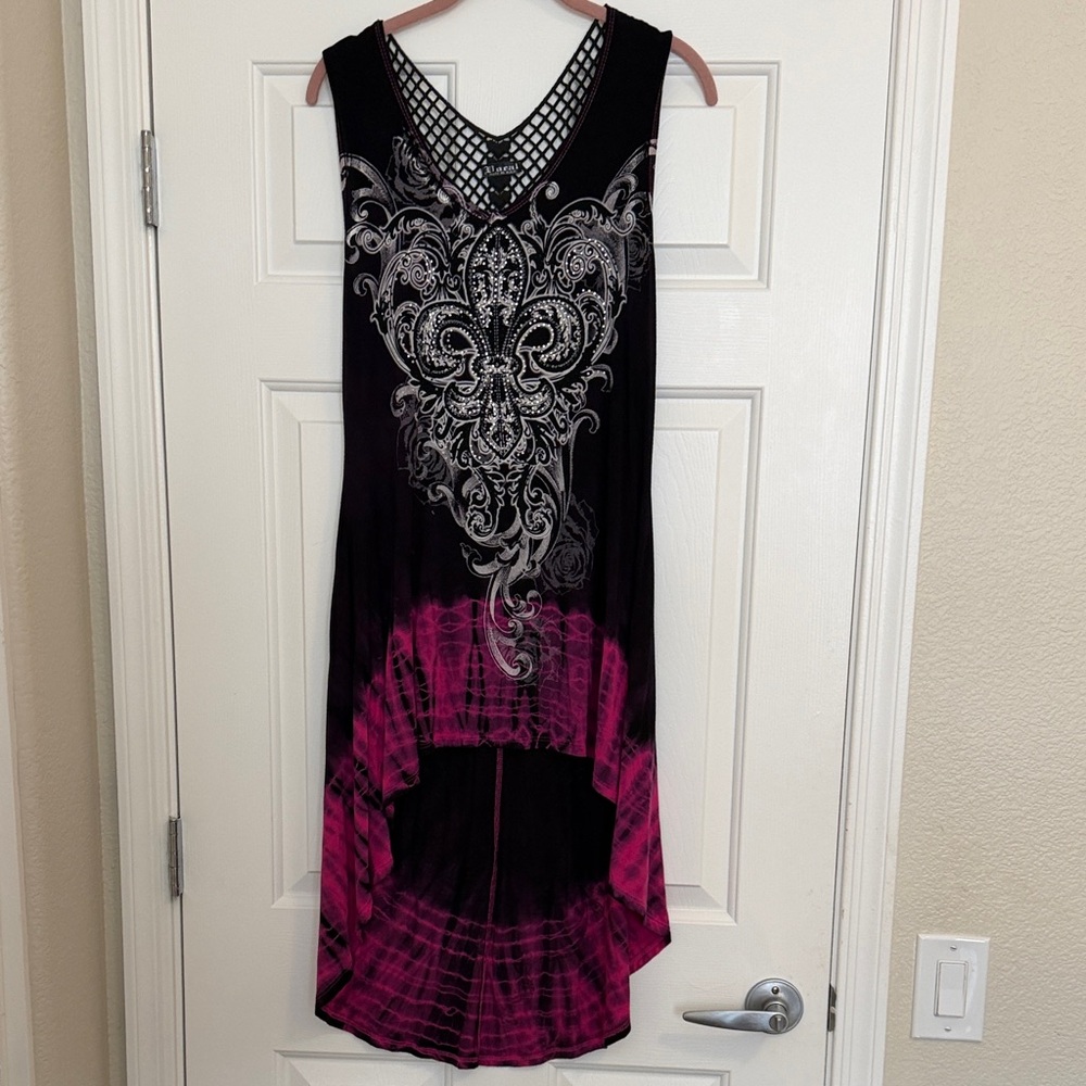 Vocal Black & Fuchsia High-Low Sleeveless Embellished Dress, XL